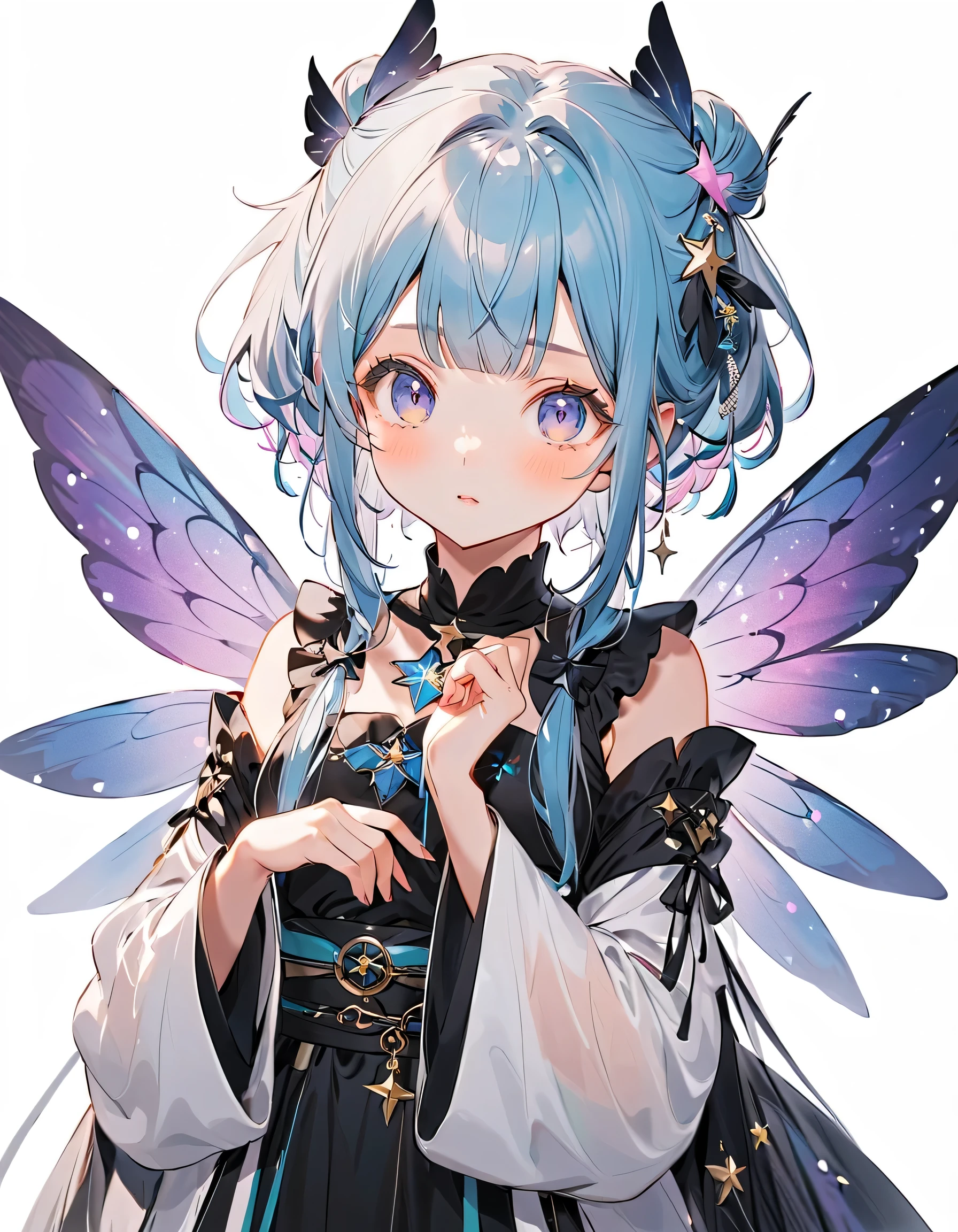 best detail、 1 girl on break day,,Blink, Milk White and Blue Hair Color、 The Cutest Girl in the World ,wear a colorful and cute gothic kimono costume , Star Fairy ,wear a colorful and cute gothic kimono costume with little fairy feathers growing from above your waist 、 simple background、 Best Details 、Putting out your shoulders 、star hair ornament、Translucent seven-colored fairy wings、