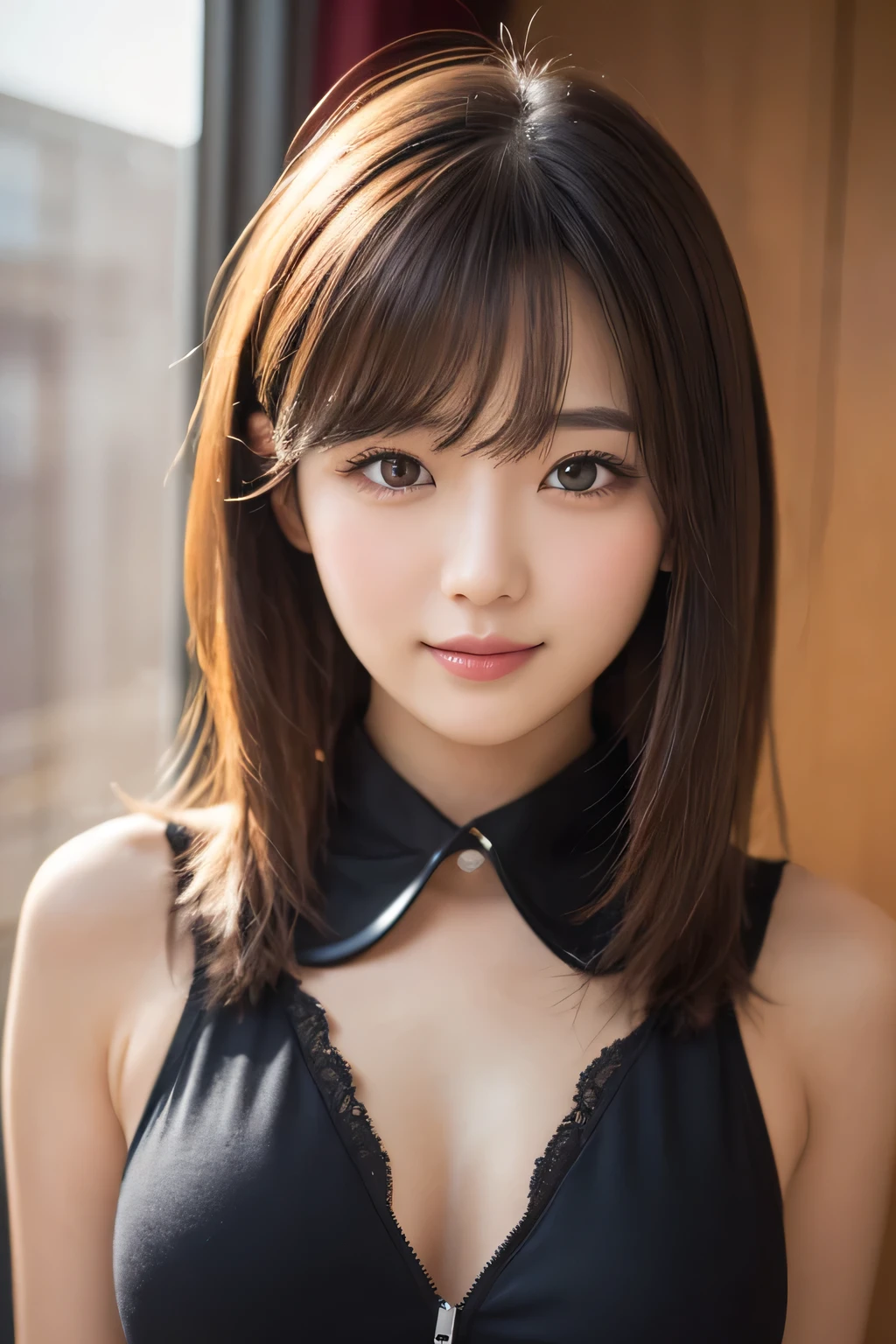 、((Highest quality、8k、masterpiece))、Sharp focus:1.2、完璧な体型のかわいい17 years oldの少女:1.4(short hair)), Adorable, 1 girl, (Face to face), ((Natural Makeup))、((No makeup))、17 years old, Baby Face, Happy, Half Body Portrait, (Facial details: 1), (Eye details: 1), ((Small breasts)). ((Plaid short pleated skirt)), ((Red lips)), ((Strapless))
