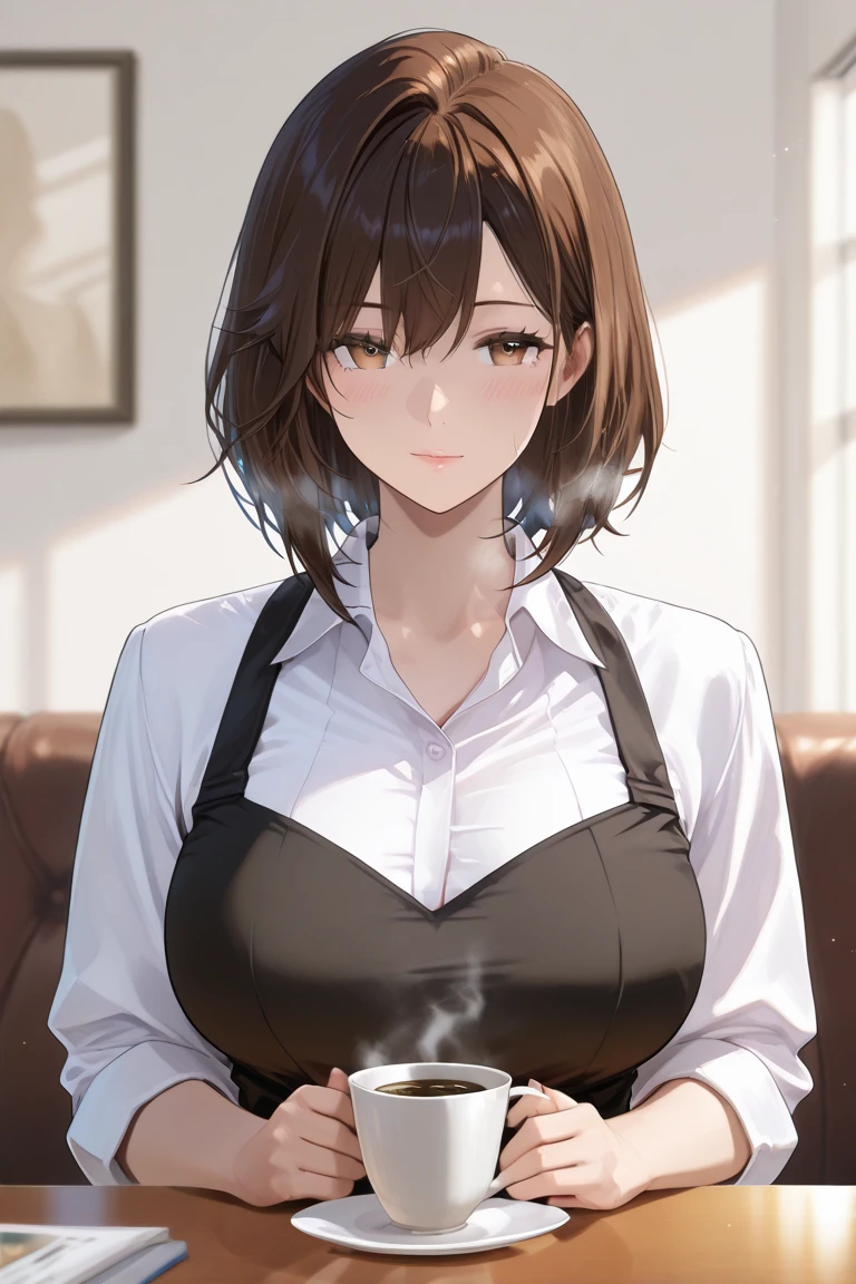 (((White short sleeve elegant blouse、Red long skirt))),(((Apartment room、Sitting in a chair、Anxious expression、Tea on the table:1.3)))Mid-length bob cut hair:1.9. Big breasts:1.6、(((1 Female:1.3))), (((Brown Hair:1.3. Wavy Hair:1.3. Bob Cut Hair:1.9 Round Eyes Beauty:1.3. Shapely breasts, brown eyes, side-swept bangs, red cheeks:1.3. Sweat:1.3)))、(((Top quality masterpiece high resolution perfect human body:1.3))),(((cute:1.3)))