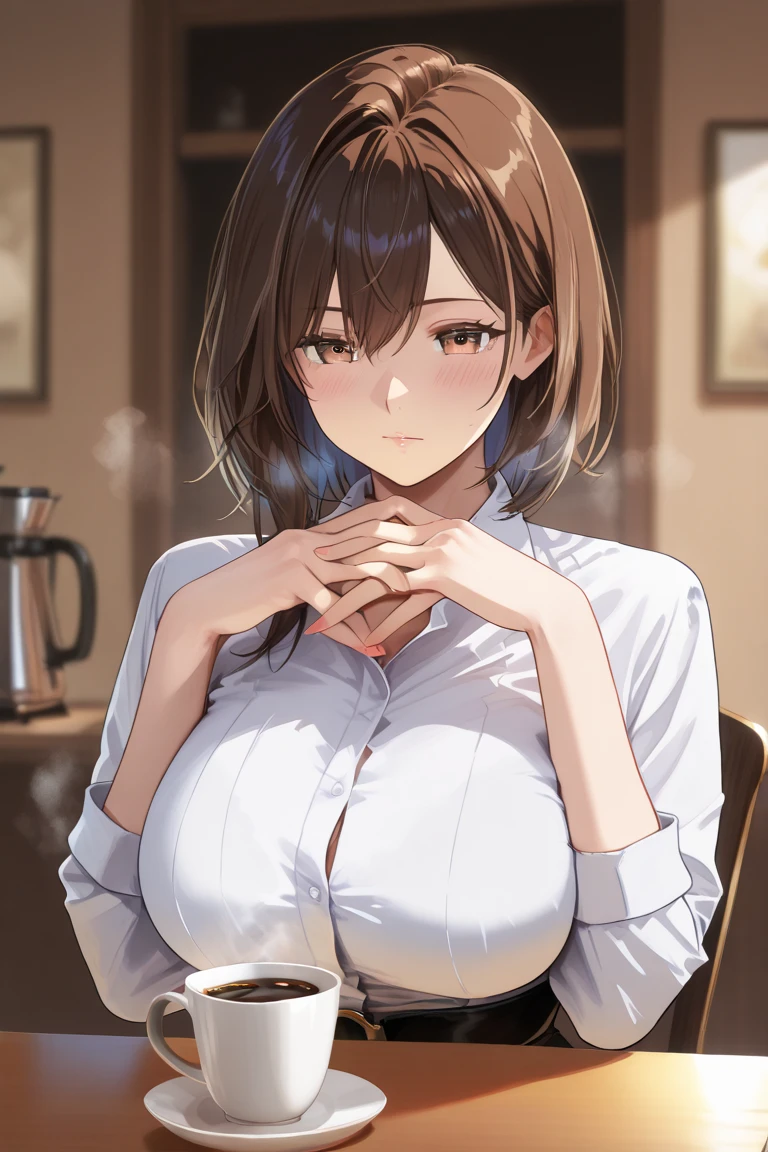 ((Undressing:1.9 (She buttons her blouse and opens it:2.4. A long red skirt, a white bra is visible, and a classy white short-sleeved blouse))),(((Apartment room、Sitting in a chair、Anxious expression、Tea on the table:1.3)))Mid-length bob cut hair:1.9. Big breasts:1.6、(((1 Female:1.3))), (((Brown Hair:1.3. Wavy Hair:1.5. Bob Cut Hair:1.9 Round Eyes Beauty:1.3. Shapely breasts, brown eyes, side-swept bangs, red cheeks:1.3 Sweat:1.3)))、(((Top quality masterpiece high resolution perfect human body:1.3))),(((Sweat:1.3,cute:1.3)))