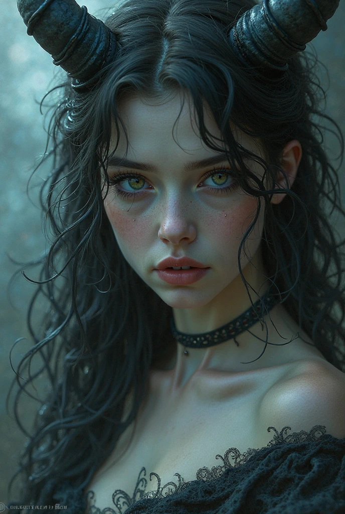 A white girl with long black hair, black eyes and octopus tattoos 