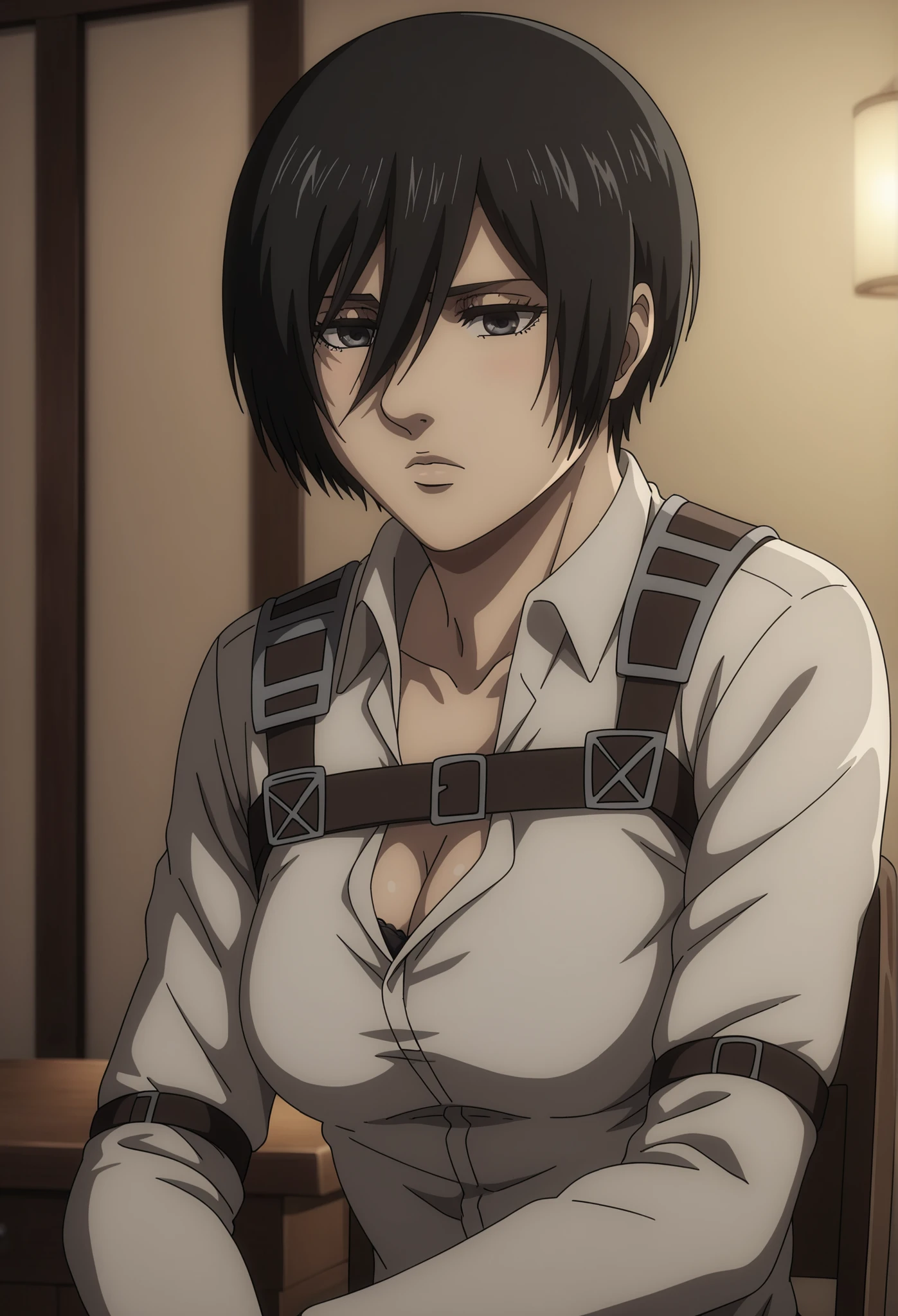 score_9, score_8_up, score_7_up, BREAK source_anime, mikasa ackrman, grey eyes, black hair, short hair, medium breasts,Mikasa wreanig black tight sport  Elastic  fiber  bra and black loose military trousers,mikasa with good looking body,perfect lighting,mikasa final season design,mikasa mappa version, mikasa sitting on  chair, Perfect generation,mikasa short hairstyle,mikasa season 4 version,attack on titan graphics,in night,HD wallpaper,perfect colors,pixie cut hairstyle, normal body size, white shirt, anime style,attack on titan season 4 style,upper body, mikasa handsome face,in bedroom,light trun off in room,mikasa alone in room,solo,1girl, shy face, cleavage