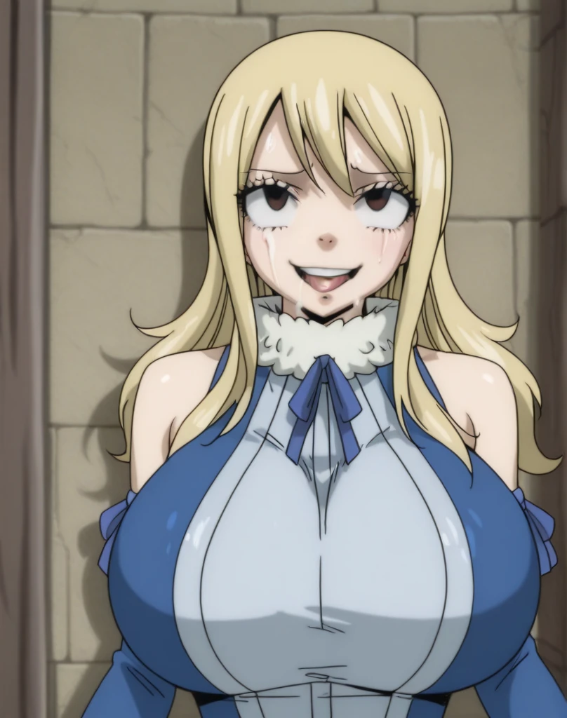 lucy, fairy tail, anime art style, 1girl, solo, long_hair, breasts, smile, open_mouth, blonde_hair, large_breasts, cleavage, bare_shoulders, brown_eyes, jewelry, upper_body, ponytail, :d, sidelocks, earrings, detached_sleeves, anime_coloring