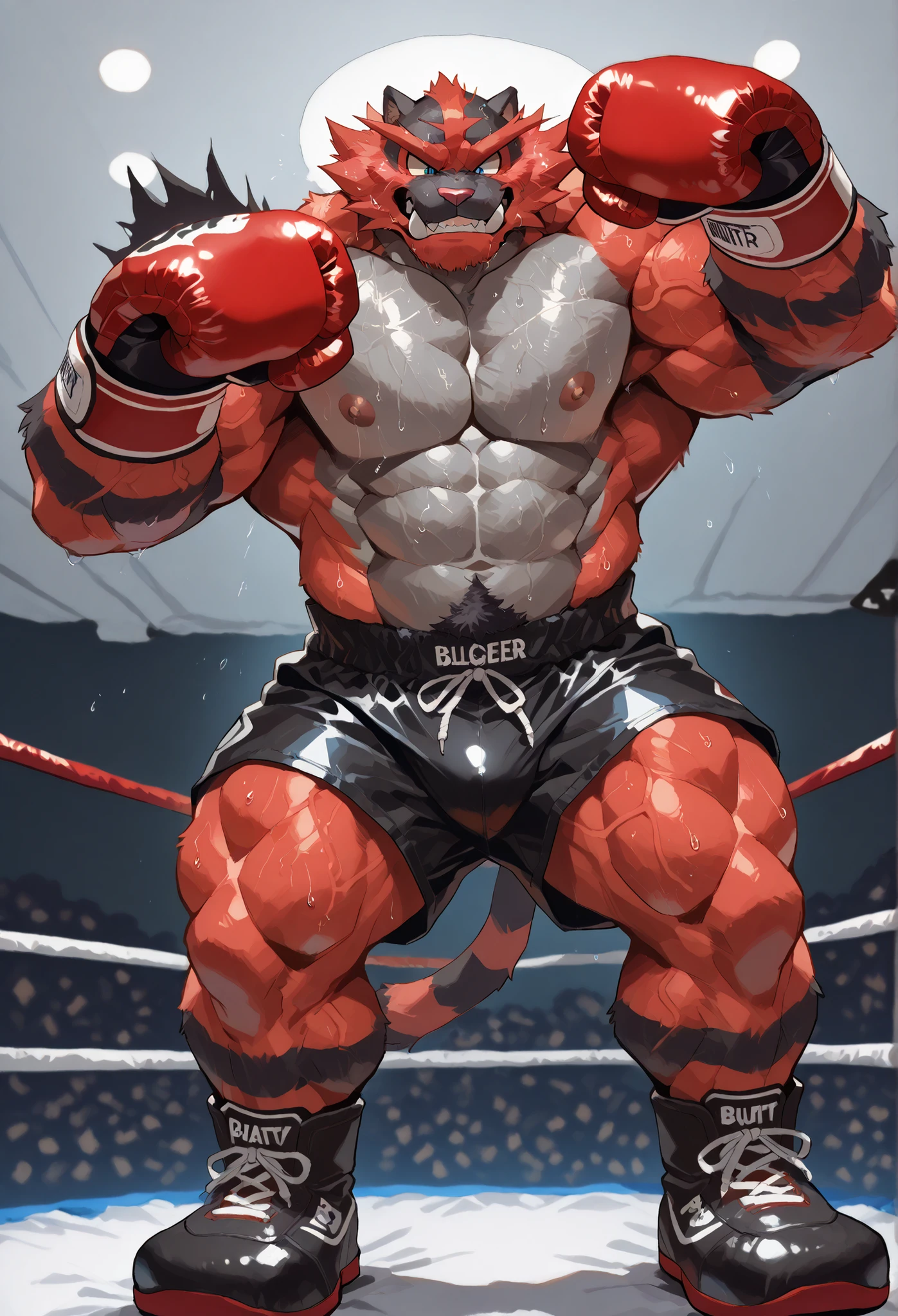 4K, masterpiece quality, pov_boxing, wildly Looking down on the losers, black boxing shoes, red boxing gloves, black boxing shorts with gold embrems, bulge, full body, depth of field, boxing, wildly posing with his chest out, fist pump pose with arms rising high, boxing ring background at midnight, Incineroar heavywait boxing champion, gay, furry male, pubes, bulging heavy muscular, powerful arms with protruding veins, wildly looking down on loser, bold expression, roaring triumphantly, bravely eyes, large pectorals, sweaty body, Angle of the loser looking up from directly below, steam, wearing red boxing gloves,