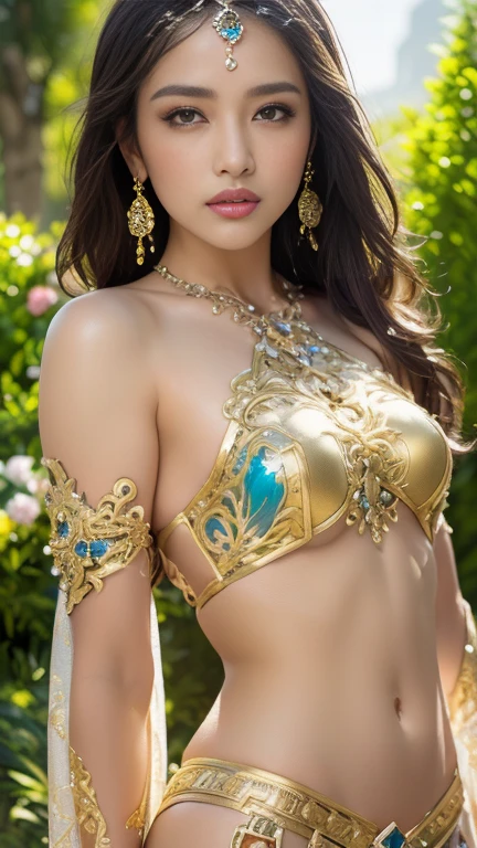 Ultra-realisticな8K CG, (wonderful: , Perfect artwork, masterpiece, Ancient Dynasties, Medieval, Fantasy), ((Detailed Background))), 20-year-old Korean muscular fresh model, Amazingly beautiful, whole body, Traditional clothes that follow her curves, glossy golden wet skin, 50mm Portrait, Glamour, Soft curves, Perfectly wet lips, Abdominal muscles, Ultra-realistic, sun