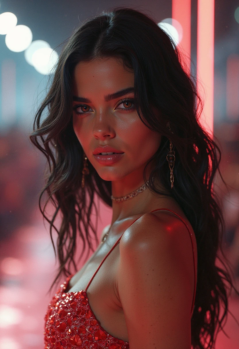 8k, RAW, Upper body photo of dualip as a beautiful female model, georgia fowler, beautiful detailed face, with short dark brown hair, walking in Amsterdam at sunset, (topless:0.99), high waist jeans,