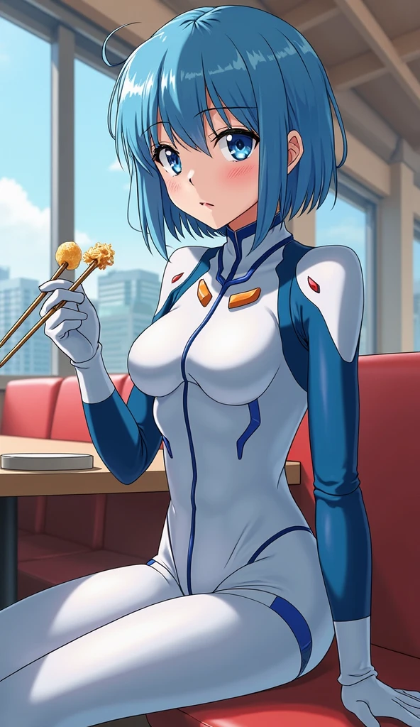 ((Shot from above)), Cowboy Shot, Score_9, Score_8_Excellent, Score_7_Excellent, Score_6_Excellent, Source_Anime, 1 Girl, Solo BREAK Seishiro Tsugumi, Blue Hair, Short Hair, Hair Ribbon, Dining table at home,breakfast, I Look at You ((Blue, coarse mesh bodysuit, left and right chest only open, long sleeves: 1.3)), ((blue, coarse mesh bodysuit, left and right chest only open, long sleeves: 1.3)), (smile), Very bulky chest, Super big breasts, (breasts exposed), (nipples exposed), naked, big breasts, lots of breakfast food around the woman, lots of breakfast food on the woman's body, (((On your back on the table))),(((On your back on the table))), (Whole body: 1.6),