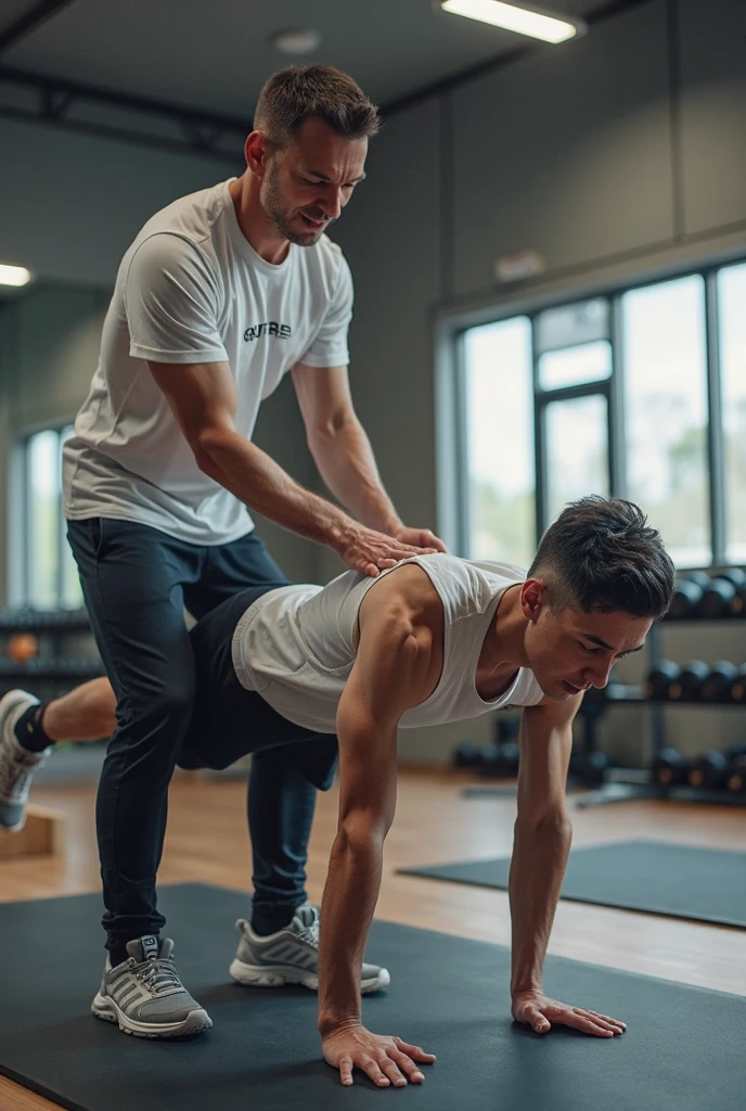 Make a personal trainer wearing a t-shirt with Jean Marinho highlighted teaching a wheelchair-bound student doing pull-ups.