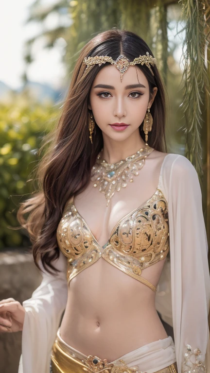 Ultra HD resolution,artistic photos,Professional erotic Photography,((21 year very sexy girl, long brunette messy hair, big breasts:1.2, cold ultra realistic skin, wearing a very sexy renaissance medieval Indian Princess golden red costume, at a renaissance camp)), exposed breasts & navel, posing like a super-model, at a renaissance camp in Florida, smiling at viewer, captivating eyes, natural red lips, attention to detail.