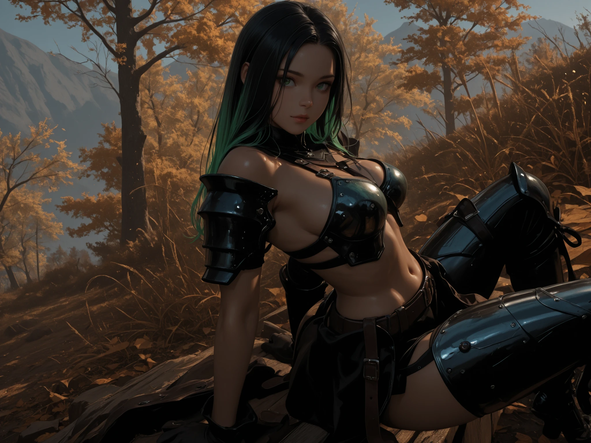1girl,solo,beautiful,(beautiful woman),black hair,beautiful detailed eyes,(large breasts),armor,bare upper arm,gardebras,armor gloves,(bare thigh),(detailed lulva:1.2),armor boot,
realistc shadows,over a cliff,detailed forest,