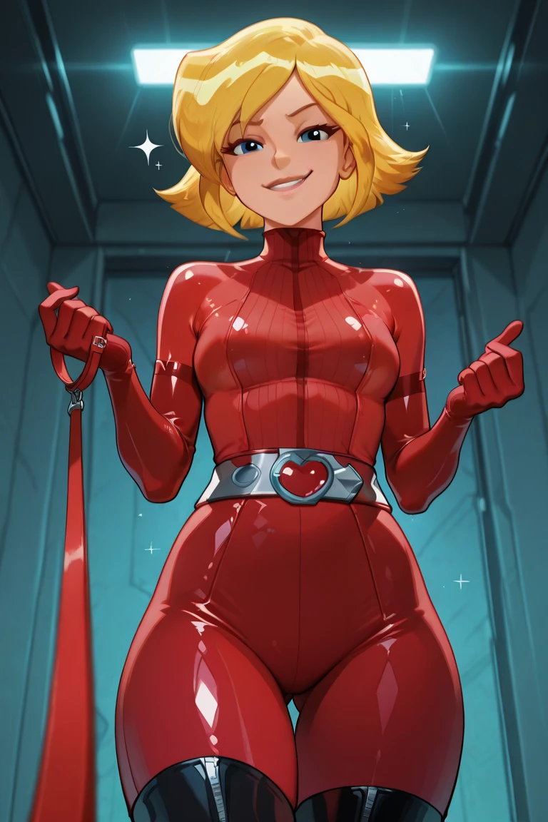 (high resolution, masterpiece, best quality, anime, official art:1.4), amazing fine details, all intricate, gloss and shiny, awesome many layers, 8k wall paper, sketch, illustration, short hair, weird hair, sayla mass, red boots, exposed breas, red high heel boots, red high heels, solo, red thigh boots, red thighhigh boots, ((covered_erect_nipples)), blonde hair, blue eyes, red bodysuit, red fingerless gloves, red gloves, red latex suit, red tight clothing, evil grin, dominatrix, spiked bracelet, platform boots, belt,  bondage, red bondage gear, red bondage outfit, red spies outfit, red tactical gear, red tactical uniform, red skintight bodysuit, milf, villain, full body, (((((evil, dark persona, )))), contrapposto, beautiful, (masterpiece:1.2), (best quality:1.2), perfect eyes, perfect face, perfect lighting, 1girl, solo, milf, mature female, lips, smirk, makeup, leather corset, fishnet stockings, warm colors, wink, (glowing eyes), full body, tattoo, leg tattoo, shoulder tatoo, arm tattoo, bimbo, 