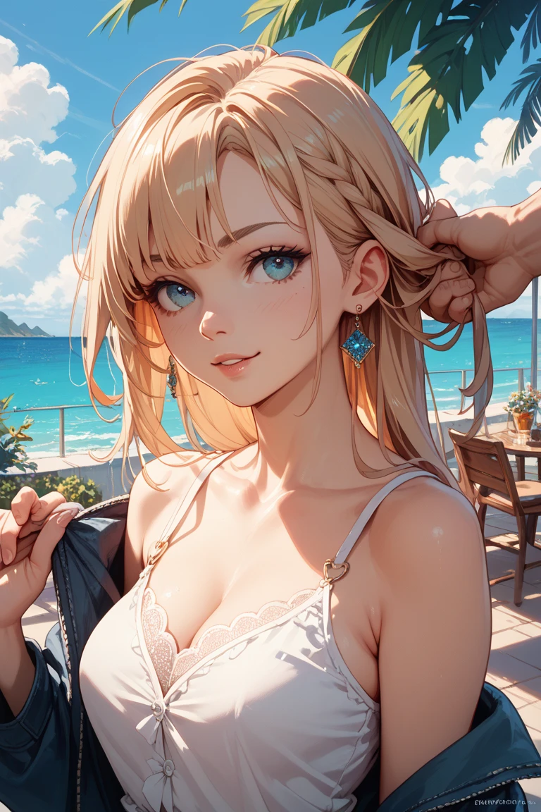 pretty girl, Blond hair blown by the wind, glowing blue eyes, actual, masterpiece, high detail, 4k, beach background, high detail light, small smile, White skin,medium chest