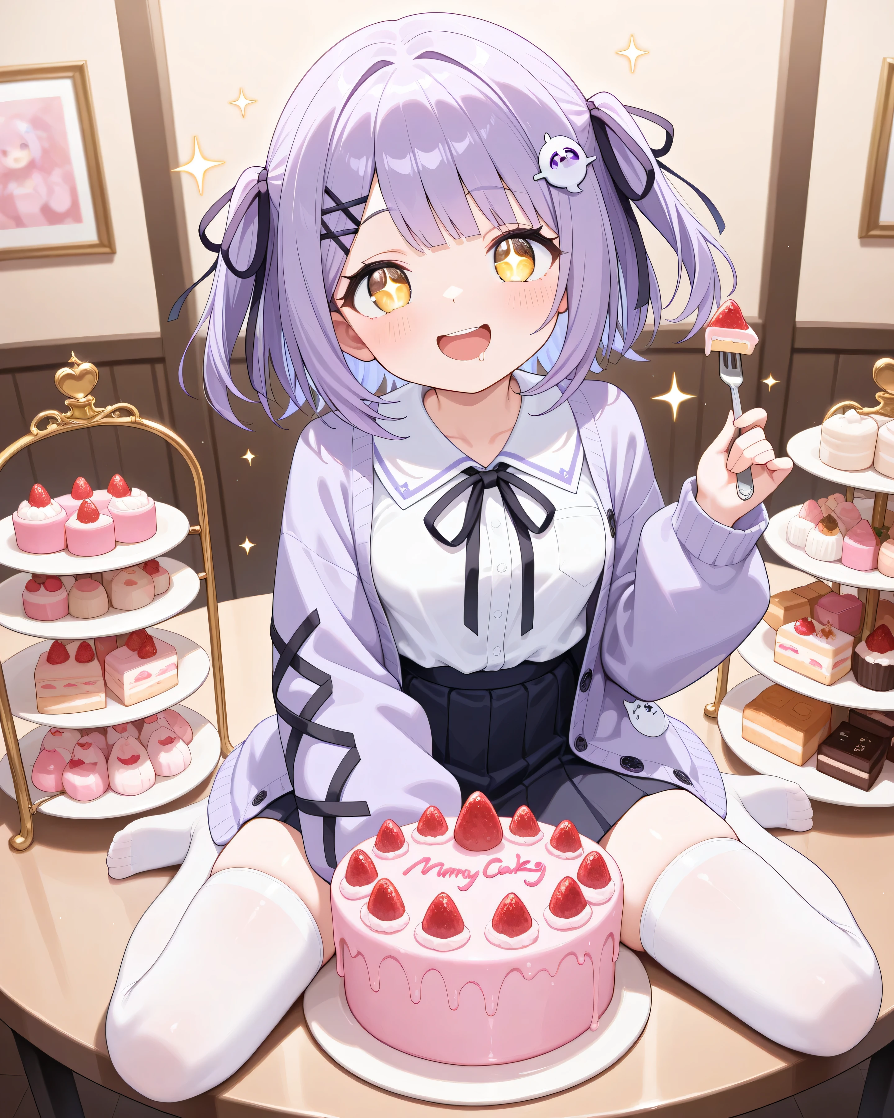 (best quality,amazing quality,very aesthetic,absurdres,newest,4k,8k), shinomiya runa, 1girl, virtual youtuber, purple hair, two side up, short hair, yellow eyes, hair ribbon, black ribbon,hair ornament, hairclip, short breasts, white school unifrom, big purple ribbon, purple cardigan, open cardigan, white thigh high socks, pink cake shop,cake showcase, cake buffet, sitting chiar, many cake on table, grab fork,(sparkle eyes:1.3),(smile:1.2),(open mouth:1.1),(drooling:1.0)