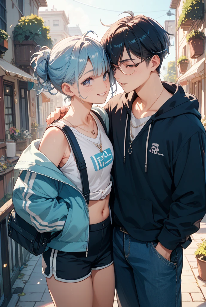Modern city,Fluffy hair,Light blue hair,Blonde,Light pink hair,Headband,Braid,Autumn outfit,Short clothing that shows the buttocks,The sleeves of the dress are a little long,I can see a little cleavage,Moe sleeves,Date,Several people hugging each other,Embrace,watching each others eyes,Facing each other,blush with embarrassment,Happy expression,Hand in hand,Arms crossed,Flirting with a close-knit body
