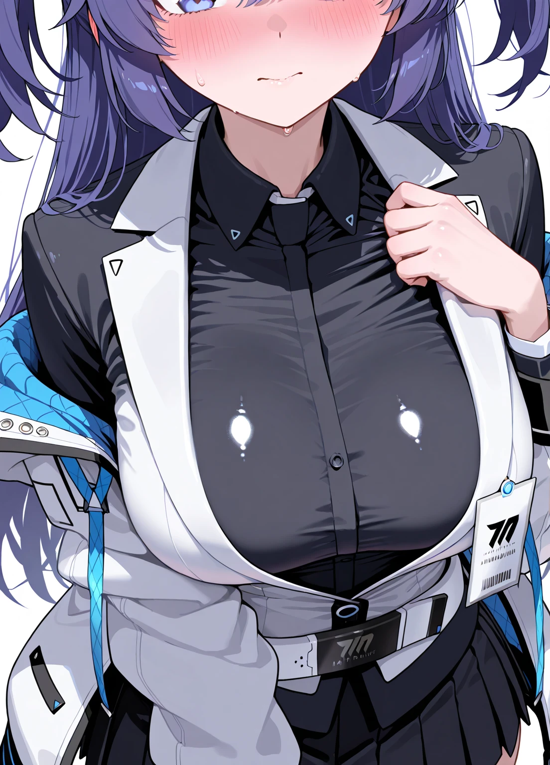 masterpiece, best quality, highres, 1girl, solo, grey hoodie, fang, blue hair, skin fang, blazer, short hair, white jacket, (mole on thigh:0.8), bangs, black skirt, hair behind ear, black socks, collared shirt, purple eyes, pleated skirt, armband, mole, hair ornament, open mouth, outdoors, smile, ((gigantic sagging breasts, large breasts, gigantic breasts, sagging breasts)),(saggy tits:1.1),(sagging breast:1.1),(huge breasts:1.8)
