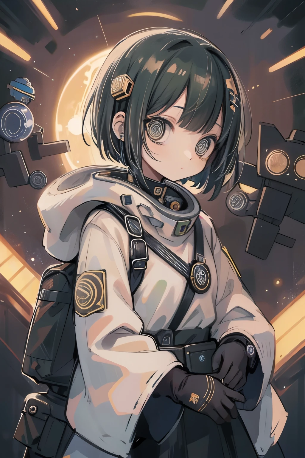 Space ship, captain future, comet, extremely fine and beautiful design, illustration, masterpiece,best quality, high resolution, 8k, sf,space fantasy, extremely beautiful and fain design, extremely fine and beautiful colors, An anime girl with shoulder-length green short hair and warm brown eyes, dressed in a sleek, black-and-yellow space pilot suit with metallic patches on her shoulders. background a planet with visible Universe Galaxy,space fantasy, comet,