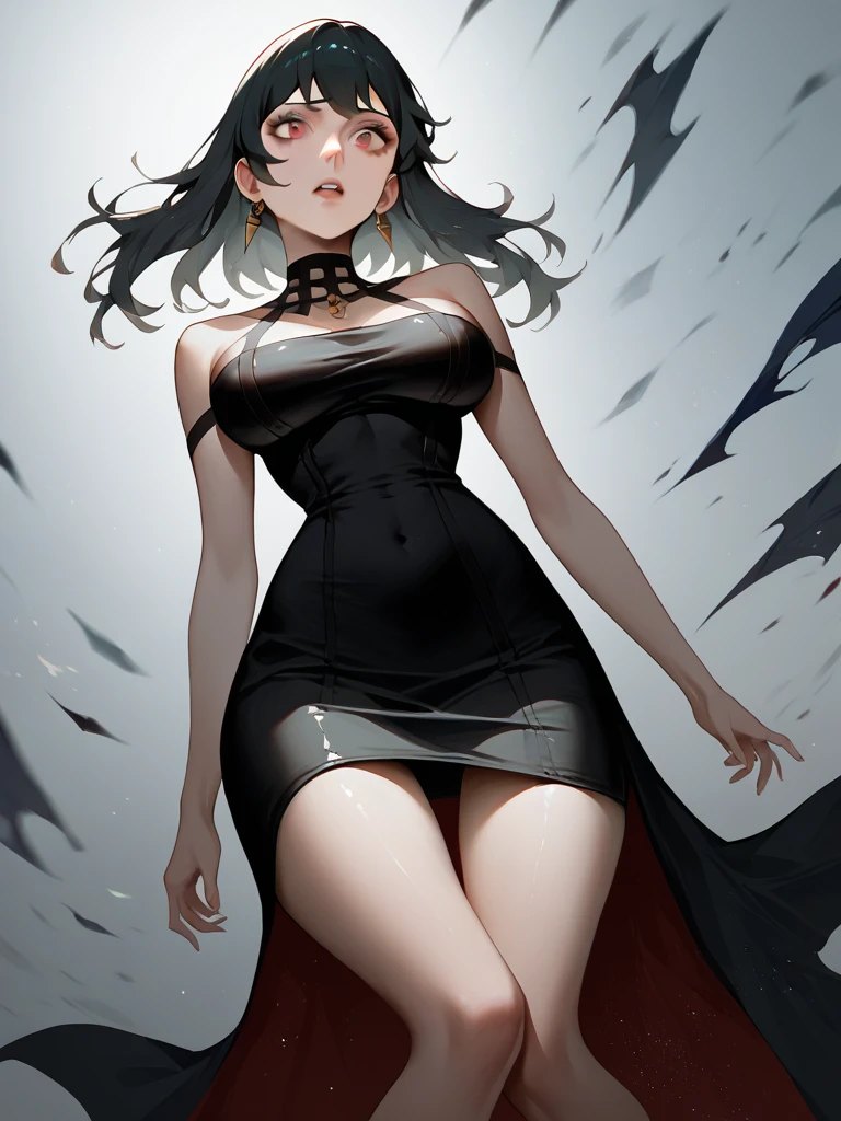 Mona genshin impact, Kizi ,face perfect, perfectbody, vestindo black gown ,short dress, black gown, looking forward