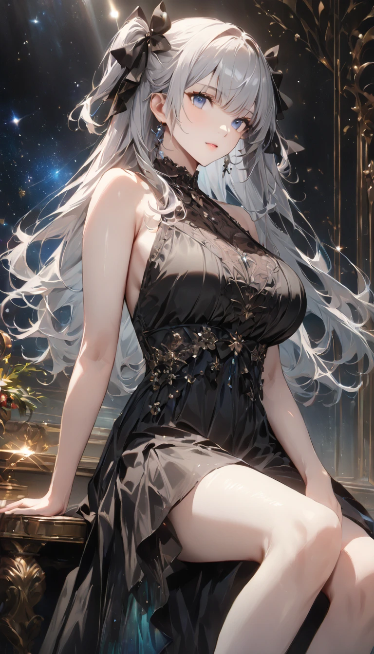 A woman wearing a luxurious black dress, exposed shoulders, large breasts, golden flowers in her hair, white hair, long hair, purple eyes, smiling, golden necklace around her neck, black heels, in a luxury room, marble floor, windows luxury glass. UHD , prime work , accurate , anatomically correct , textured skin , super details , high quality , best quality, 8k, high resolution, bokeh effect. (woman alone)