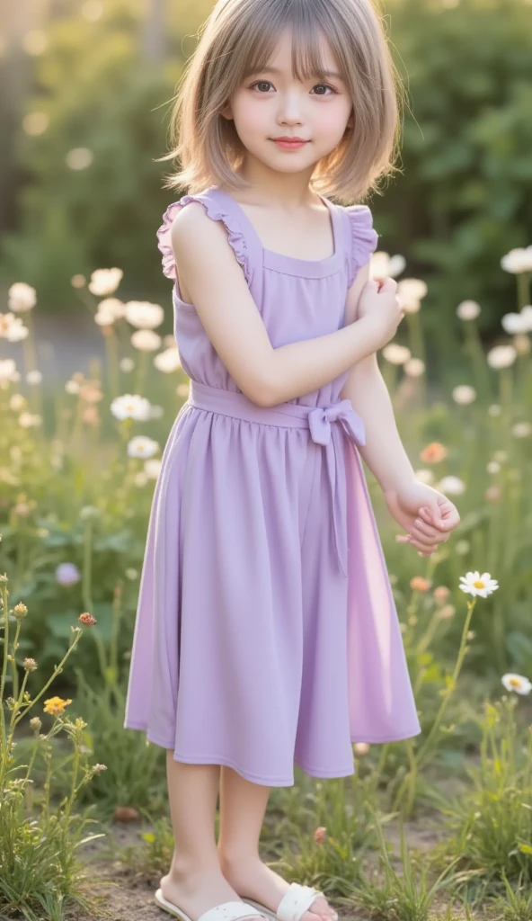 A girl with brown curly hair, light brown eyes, Grinning, de 1,60 wearing a lilac Daisy Dress and graded sandals. She is empathy personified, seeking to touch an owl in a garden of white cellas, In fact, she holds a book about birds.