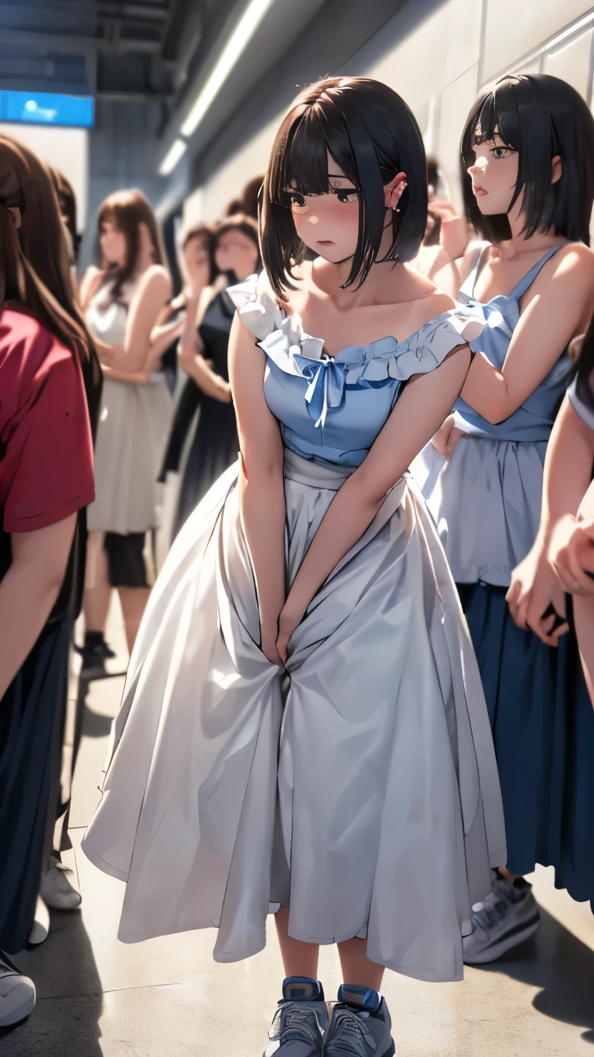 (SIGMA 200 mm F/1.8, 1/1000 sec shutter, award-winning photo), (beautiful medium breasts, shiny skin), (have to pee-pee:1.2), (Disheveled hair), (Unable to hold pee-pee anymore desperate look:1.3), (She needs to pee-pee so badly:1.5), (She front in queue with girls restroom:1.4), (Panting:1.2), (Full face blush:2), (So embarrassing), (Constricted Pupils:1.7), (Impatience), (flustered:1.5), (She wasn’t moving, Her shoulders were high, almost touching her ears, and her whole frame looked tense and frozen, legs straight standing on tiptoes, arms stiff, her whole posture unnaturally tight, She stood like someone trying not to break under pressure:2), (She casually clutch herself crotch in hold her pee-pee:1.1), (wearing Frilly blouse, Long skirt, Sneakers:1.3), (long shot:1.5), (8K, ultra-detailed, best quality, ultra-detailed face, anatomically perfect figure, extremely detailed glamorous curvy body girl), nsfw, 