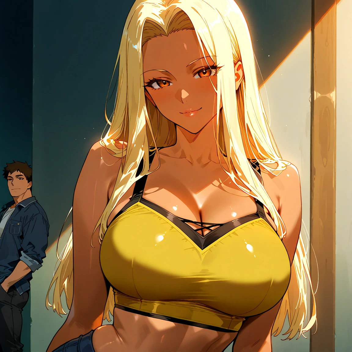 Masterpiece,Highest quality,8k,Ultra-high resolution,appropriate margins,lighting,Photograph the whole body,BREAK,1 person,Very beautiful adult woman,Slim body,Very ample large breasts,Deep cleavage,Moisturized Skin,BREAK,(Golden Hair),Forehead,mascara,Red eyeliner,Light pink lip,Thin teak,Thin eyebrows,BREAK,Light purple eyes,BREAK,Cute expression,BREAK,Long Hair,Half Up,BREAK,(Tank top),(Denim shorts),(black tights),BREAK,Eye contact
