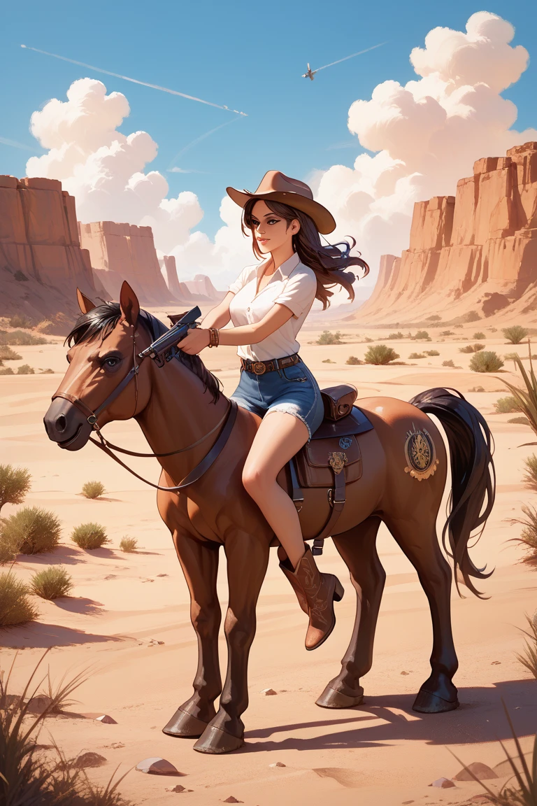 Painting of a woman riding a horse in the desert with mountains in the background, Tim Hildebrandt, inspired Greg Hildebrand, Greg Hildebrand, Tim and Greg Hildebrandt, inspired by mote artist, Greg Hildebrand 非常に詳細, Boris Vallejo's style, Boris Vallejo Style, Boris Vallejo and Ilya Kuvshinov