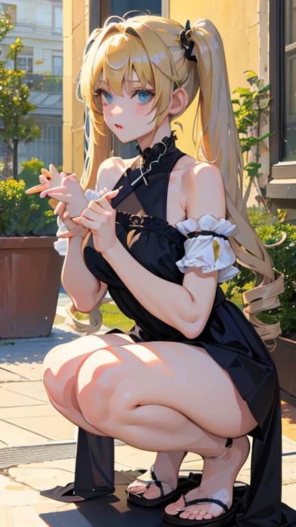 Anime girl, bare shoulders, blonde hair, architecture, black eyes, cherry blossoms, geta, east asian architecture, flower, cloud, hair ornament, floral print, folding fan, paper fan, autumn, outdoor, trees ,Medium-sized breasts, flat chest, short skirt, clothes, beautiful legs,