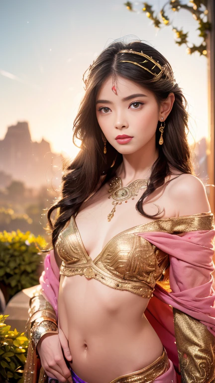 Detailed face of a 15 year old Thai girl with expressive brown eyes and full lips, she&#39;straight, Dark brown hair that flows down to the shoulders.. she is adorned with gold jewels, Comes with a beautiful gold headband, sheの外見に王室の優雅さを加える. A girl stands in front of a grand Hindu temple in Thailand, Wearing gold patterned clothing, A see-through micro bikini that accentuates her large breasts, Ample breasts, sheの若さ々Emphasizing new charm and vitality. goddess, sheの大きな, Rich curves and a captivating presence, she is performing a graceful dance in front of the statue...,