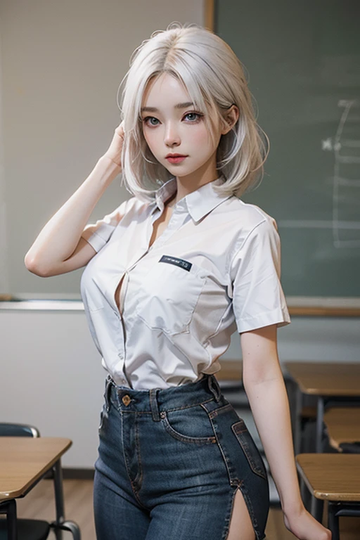 best quality, (masterpiece:1.2), highly detailed, standing, school, indoors, cat ears, 1girl, solo, tojou koneko, looking at the viewer, closed mouth, slight smile, from above, yellow eyes, white hair, short hair , hair ornament, beautiful, beautiful woman, perfect body, perfect breasts, wearing a white shirt, black cardigan, long jeans, handbag, wearing a watch, wearing earrings, in class, on campus, university, blackboard, looking at the audience , little smile, realism, masterpiece, textured skin, super detailed, high detail, high quality, best quality, 1080p, 16k