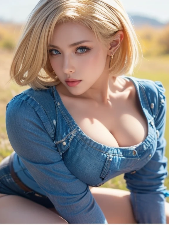 Android18,1个Giant Breast Girl,a sexy pose,Best quality at best,tmasterpiece,illustratio,Extremely Delicately Beautiful,CG,unified,8k wallpaper,Amazing Cleavage,finely detailled,tmasterpiece,offcial art,The is very detailed CG unified 8k wallpaper,Extremely ridiculous,The file size is huge,ultra - detailed,A high resolution,The is very detailed,Beautiful Meticulous Girl,actual,Full,Outdoor activities,Light contrast,