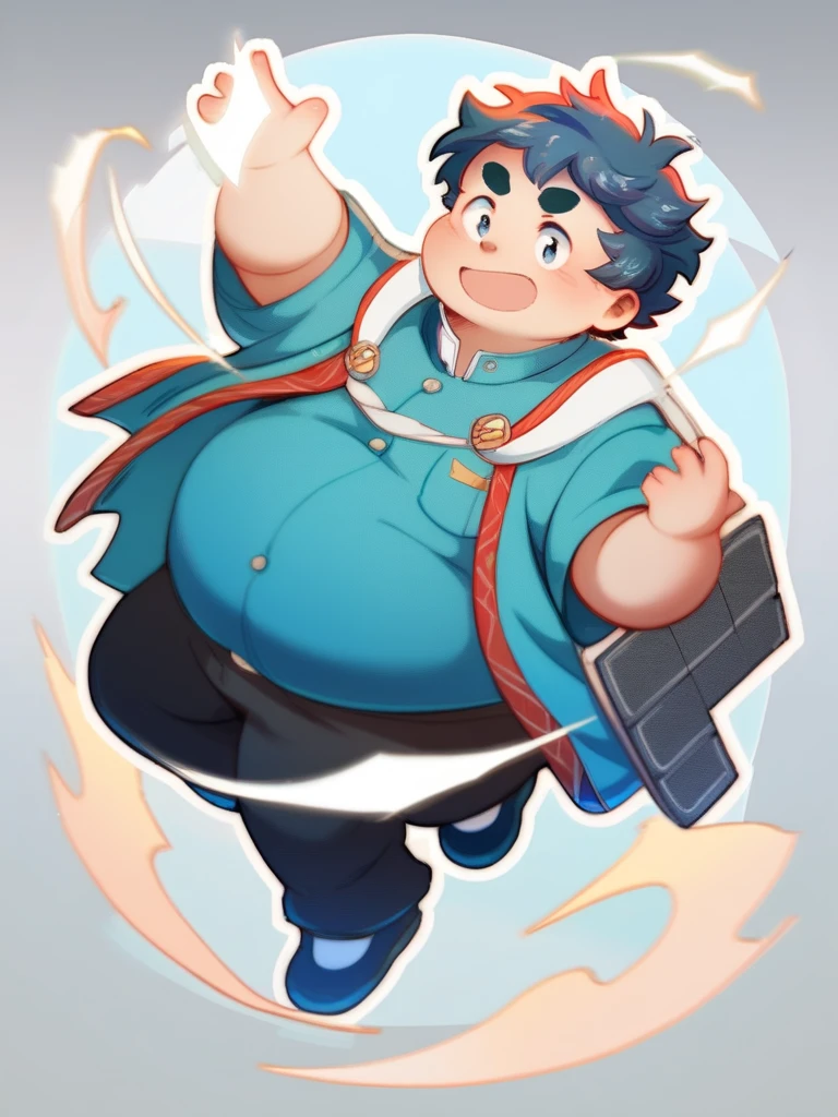 Full Body Blue, Body Noise-Sensing, as a computer folder, Wearing School Uniform,  chubby , cute, with a big belly to reveal clothes, junior high school student, Fatty,  No Glasses , With hair, Overweight, Big belly