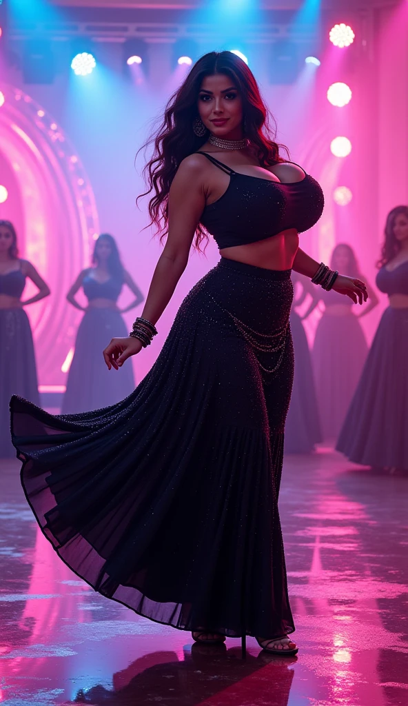 Indian sexy fat cubby lady wearing black tshirt tshirt with long sexy slit maxi skirt party