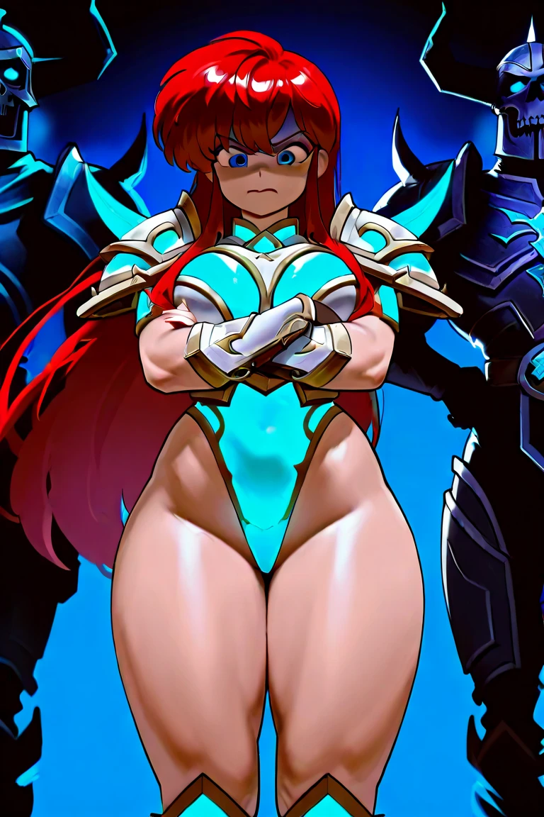 layer_megamanx, 1girl, solo, long hair, purple hair, green eyes, blunt bangs, hair over eyes, large breasts, dark skin, dark-skinned female, android, underboob, robot ears, high quality, masterpiece, standing next to a swamp and castle surrounded by mist, outdoors, tree, solo, from behind, bird, facing away, scenery