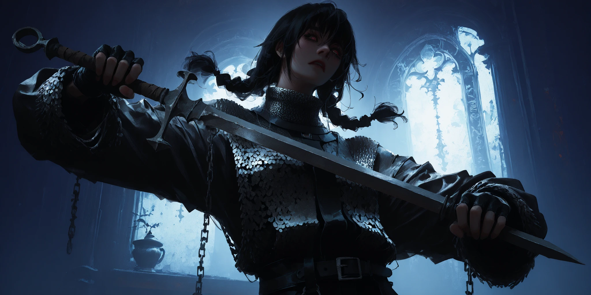 artist: wlop, masterpiece, best quality, illustration, a vampire woman, beautiful woman, European facial features, Caucasian, small breasts, shoulder length black hair, small braids, red irises, detailed face, loose fitting leather pants, female wearing very loose fitting high waist black leather pants with a black belt, and a (thick gray long-sleeved chainmail shirt with a high neck), black leather combat boots and fingerless gloves, tall-looking, fantasy, holding iron sword, perfect anatomy, detailed, lighting, colorful, slim body, fit body, ideal ratio body proportions, tall, Realistic Shadows, regular steel sword, steel sword, normal steel sword, detailed face, detailed eyes, epic, chain mail long sleeve shirt, high neck chainmail shirt, chainmail long sleeve shirt, top fully covering upper body, fully covered upper body, highly detailed, dark colours, cool pose, upper body portrait, cinematic portrait, background splash artwork, videogame style background, game style artwork background, illustration style background, cinematic background, cinematic lighting, interesting background, themed background, epic background, melancholic background, cold blue and purple background, detailed background, immersive background, eye catching background, unique background, detailed eyes, Official Art,