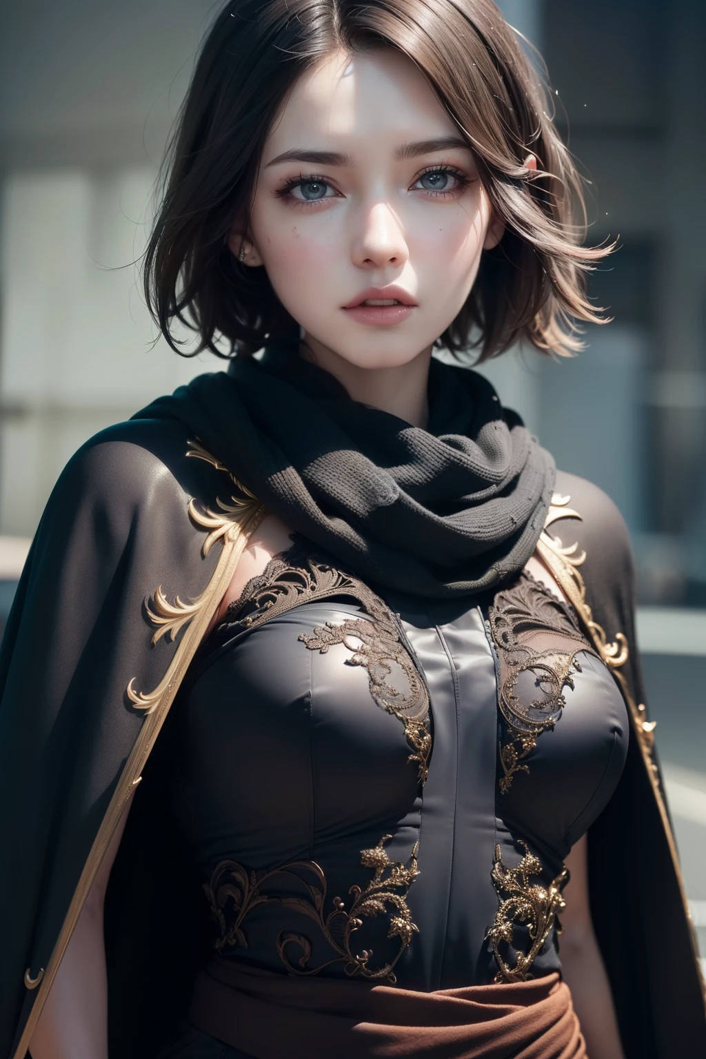 beauty girl, realistic skin (masterpiece), best quality, (((in hyper realistic and detailed vines, cape and scarf aethereal aesthetic style))), intricate perfect beauty face (((hyper realistic and detailed short black hair))), detailed sharp expressive eyes, (((from face to the waist))), (((beauty slim shape))), 4k, UHD