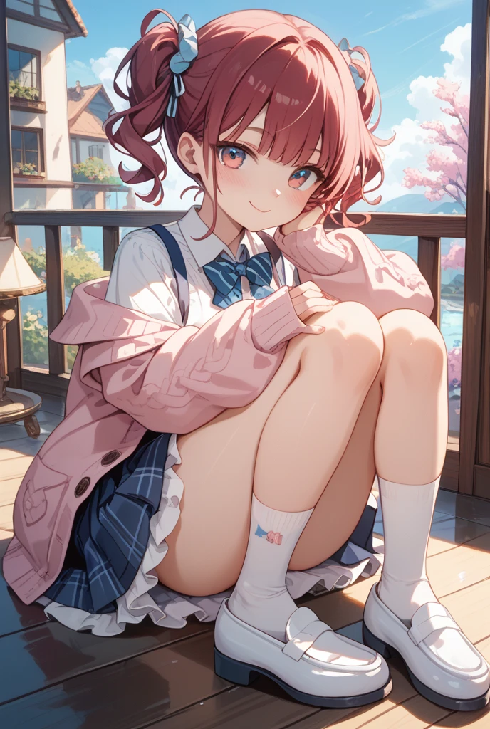 Masterpiece to detail, top quality, 1 petite girl, bangs, genius child actor, red hair, close-up, closed_mouth, baby face, smile, blush, shy, blue hat, hat, bow, pink bow tie, school uniform, blue jacket, jacket, skirt, gray skirt, 1 small 15 year old girl, solo, shirt, white shirt, legs, black socks, sitting, classroom, hair_ ornament, looking_at_viewer, beautiful detailed eyes, red eye, panty, skirt lifting, secret lesson, professional effect, delicate color, secret lesson, healthy