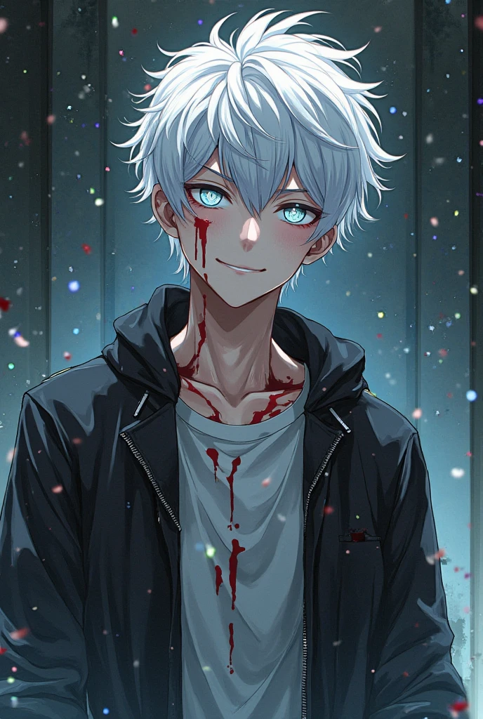 A anime boy wearing a black jacket, which extends down to his waist. Having white and messy hair, cyan blue eyes, worried expression, looking towards side of camera, torn clothing, torn shirt, scratched up jacket, blood marks, bruises, steam emitting off body, steam coming off wounds.