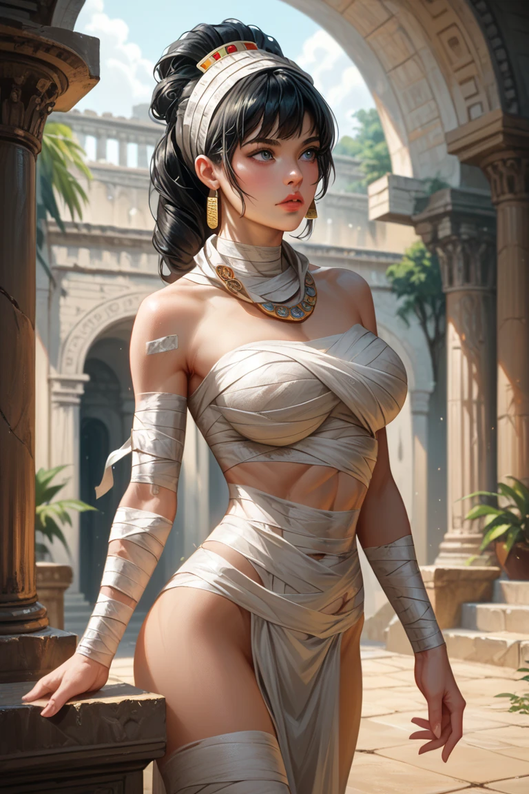 Look from behind,1girll,delicated face,Mummy costume,Bandages wrap around the whole body, Kneeling,Chained