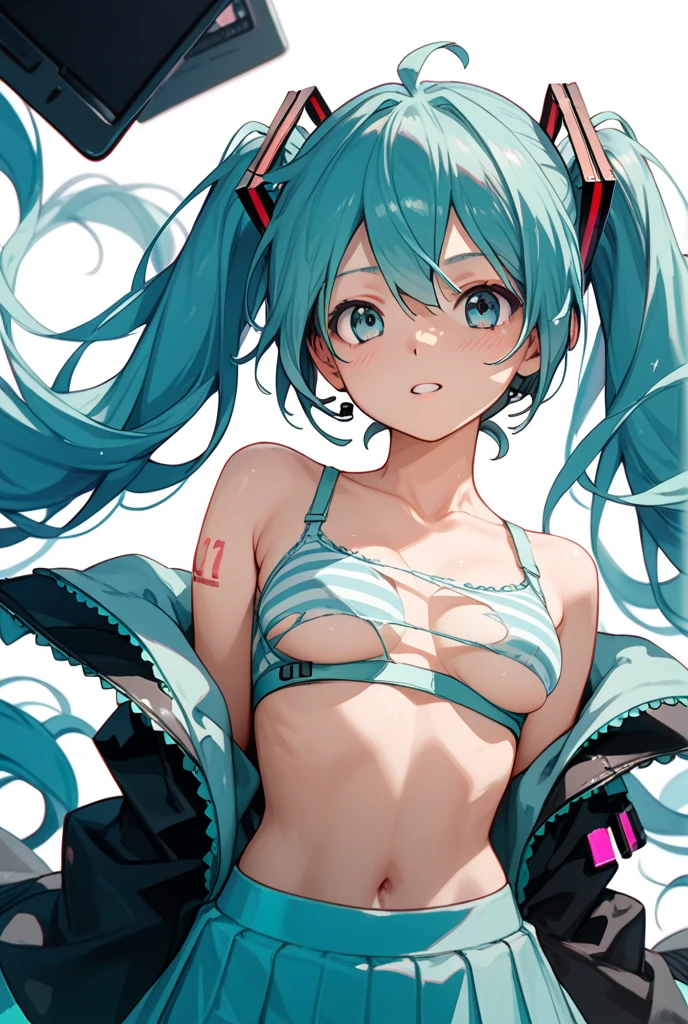 hatsune_miku commentary_request 1girl areola_slip bikini bikini_top_only black_bikini blue_eyes blush breasts closed_mouth collarbone covered_nipples eyebrows green_hair groin hair_between_eyes halterneck head_tilt headset heart heart_hands large_breasts long_hair micro_bikini navel nose_blush silhouette smile solo swimsuit twintails upper_body very_long_hair white_background