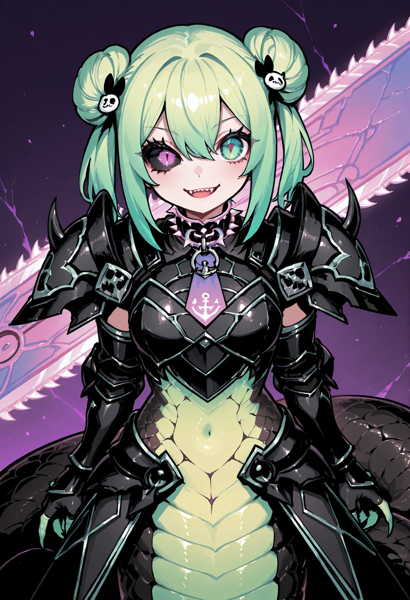 Lamia style girl. Centipede body. Black snake. Green scale pattern. Armor knight. Bright hair. Tie hair. Asymmetric eyes. Snake eyes. Snake skin face. Anchor charm on collar. Black armor. Purple decoration. Holographic crack costume. Sharp claws. Holding weapon. Chainsaw sword.
