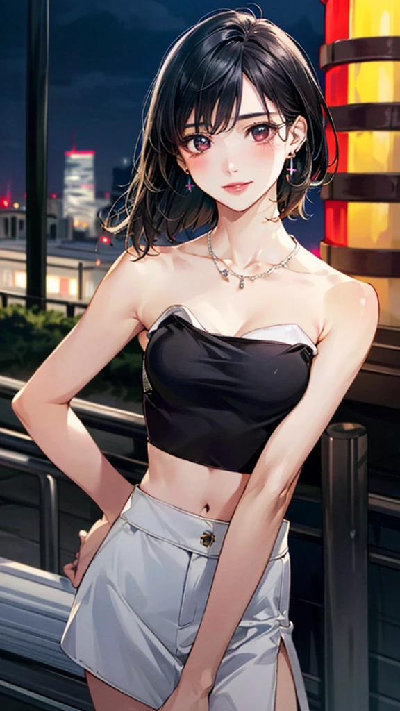 ((masterpiece, Highest quality, Very detailed)), 
((natural cinematic lighting)), 

One girl, 20 years old, gal-style makeup, black hair, bob cut, swept bangs, BREAK ((black eyes)), ((big eyes, droopy eyes)), thick thighs, medium breasts, 
((lots of pierced earrings, silver chain necklace, silver bracelet)), ((bare belly button, belly piercing)), 

looking at viewer, cowboy shot, 
smile, ((open mouth)), 
random porn pose, 

NSFW, 
BREAK ((white sleeveless dress shirt)), (cleavage), ((black pleated mini skirt with belt)),

(beautiful scenery), (panoramic view:1.3), ((Night City:1.3)), city, lanterns, street, (neon lights:1.1), starry sky overhead,  (public:1.2), 