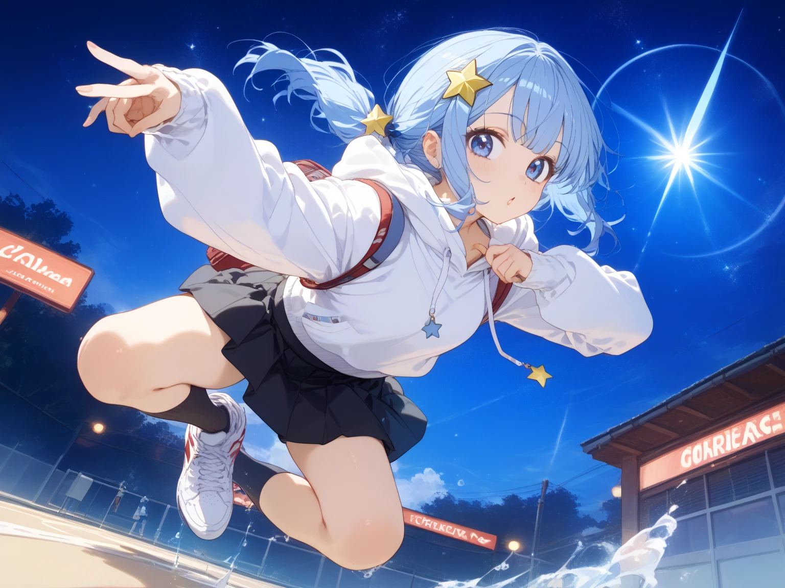 A nice white shirt that lets you see.. 、Light blue flared skirt with ruffles、She lifts her skirt with both hands to show off her pretty white underwear..、Cute white underwear visible when you lift your skirt..、sandy beach, beautiful sea, night and starry sky small breasts blue hair