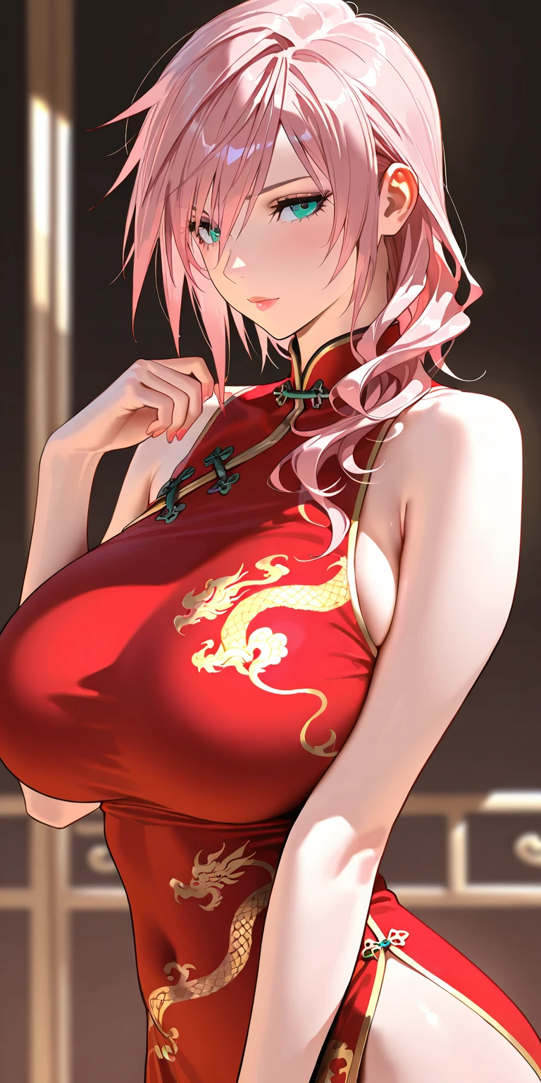 Fantasy,((Masterpiece)),((high resolution)),((Best Quality)),Anime illustration,(((1girl))),(wavy hair),(short hair),(pale pink hair color),small ponytail,Red eyes,(Big round eyes),((tareme)),12 years old,((baby face)),((very big breasts)),Short stature,,,(china dress),Ladylike,blush,I&#39;m very embarrassed,((restrained)),rope bondage,