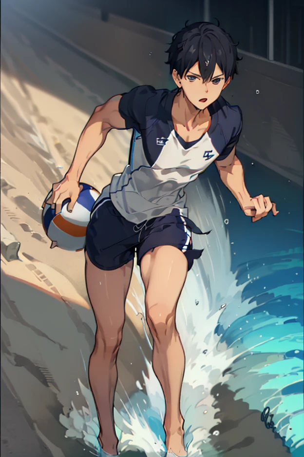((Masterpiece)), ((Best Quality)), (Very Detailed), ((Very Detailed)), 4K, (8K), very aesthetic, absurdres highres, I male, beach volleyball, sports_uniform, serious_expression, diving, receiving, spiking, sunlight, ocean_waves, palm_tree, beach_umbrella, beach_chair, crowd, sand_splash, competitive,