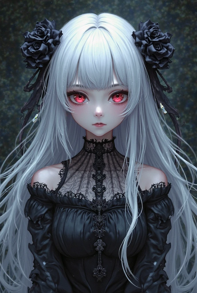 best quality, masterpiece,white hair, red eyes,white clothes, looking up, crawling,hair strand,Fair skin,side braids, DosMix, scream fang, in the lake of a forest, gothic art, psychedelic art, corrupted data, 3 d reflections, pixeled stretching, demon humanoid creature, multi-layered artworks, digital art masterpiece, intricate colorful masterpiece, eerie art style, amazing artwork