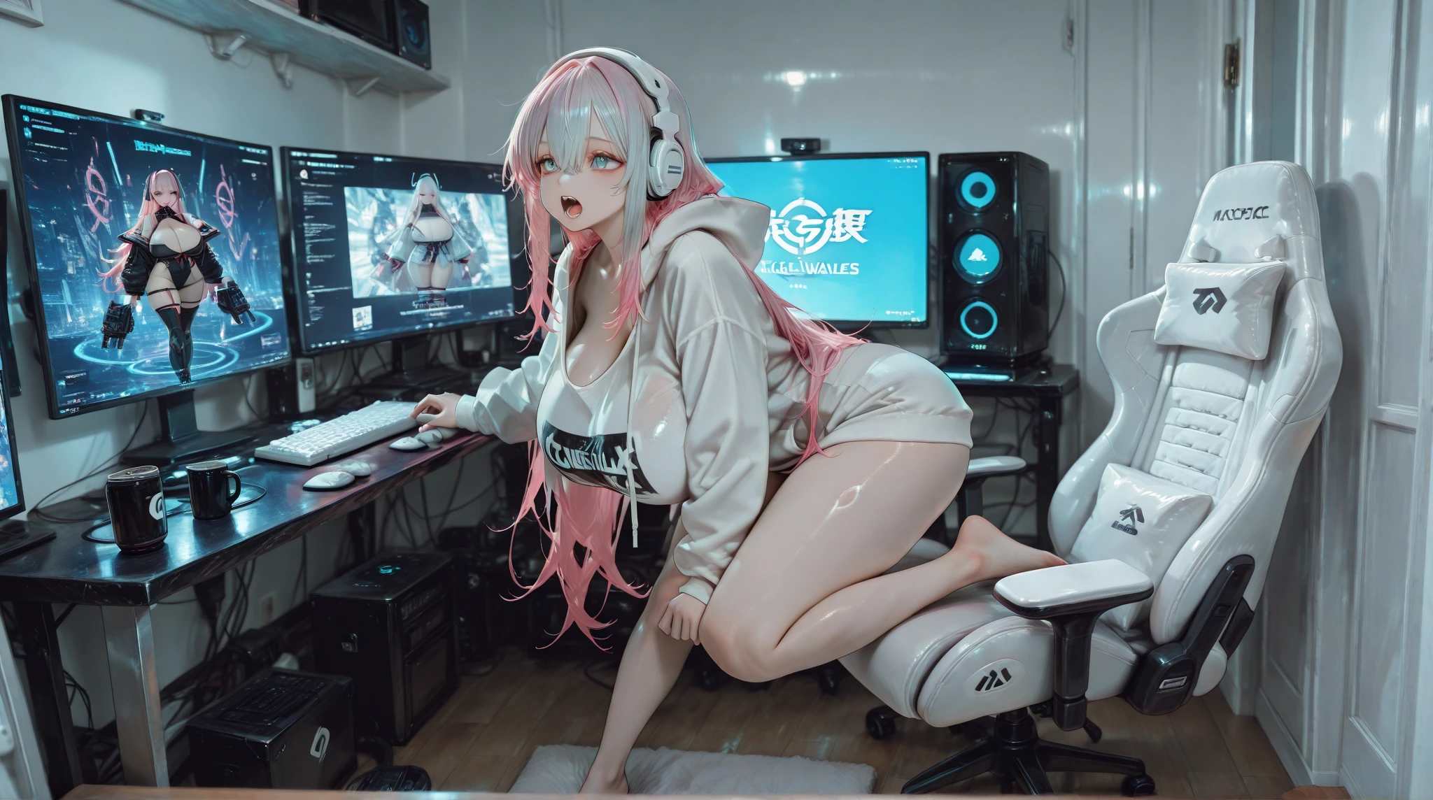 pink hair, ahegao, a sexy gamer girl, e-girl, masturbating with his hand between his legs without panties , is touching, giving yourself pleasure, and felt pleasure, on the bedroom chair. with little clothes, hand on breasts, hand inside panties