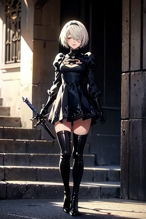 2B, 1girl, solo, short hair, thighhighs, gloves, long sleeves, dress, holding, cleavage, medium breasts, standing, full body, weapon, white hair, hairband, boots, puffy sleeves, sword, black thighhighs, black footwear, holding weapon, mole, black dress, high heels, leotard, clothing cutout, thigh boots, holding sword, cleavage cutout, katana, black hairband, juliet sleeves, mole under mouth, facing viewer, high heel boots, blindfold, covered eyes, black blindfold, feather-trimmed sleeves, masterpiece,