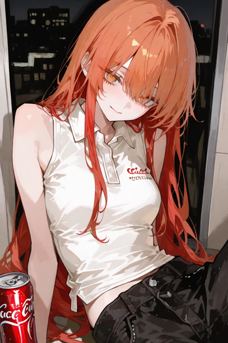 an 18 year old girl with red hair in a  outfit all happy and shy