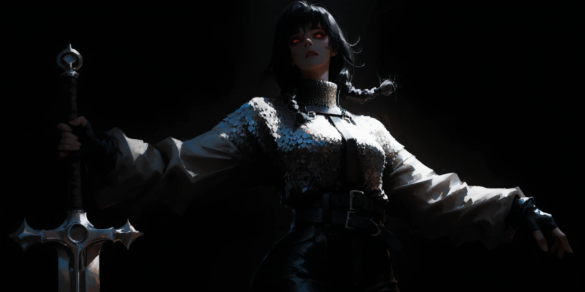 artist: wlop, masterpiece, best quality, illustration, a vampire woman, beautiful woman, European facial features, Caucasian, small breasts, shoulder length black hair, small braids, red irises, detailed face, loose fitting leather pants, female wearing very loose fitting high waist black leather pants with a black belt, and a (thick gray long-sleeved chainmail shirt with a high neck), black leather combat boots and fingerless gloves, tall-looking, fantasy, holding iron sword, perfect anatomy, detailed, lighting, colorful, slim body, fit body, ideal ratio body proportions, tall, Realistic Shadows, regular steel sword, steel sword, normal steel sword, detailed face, detailed eyes, epic, chain mail long sleeve shirt, high neck chainmail shirt, chainmail long sleeve shirt, top fully covering upper body, fully covered upper body, highly detailed, dark colours, cool pose, upper body portrait, cinematic portrait, background splash artwork, videogame style background, game style artwork background, illustration style background, cinematic background, cinematic lighting, interesting background, themed background, epic background, melancholic background, deep dark purple swirls background, swirling background, detailed background, immersive background, eye catching background, unique background, detailed eyes, Official Art,