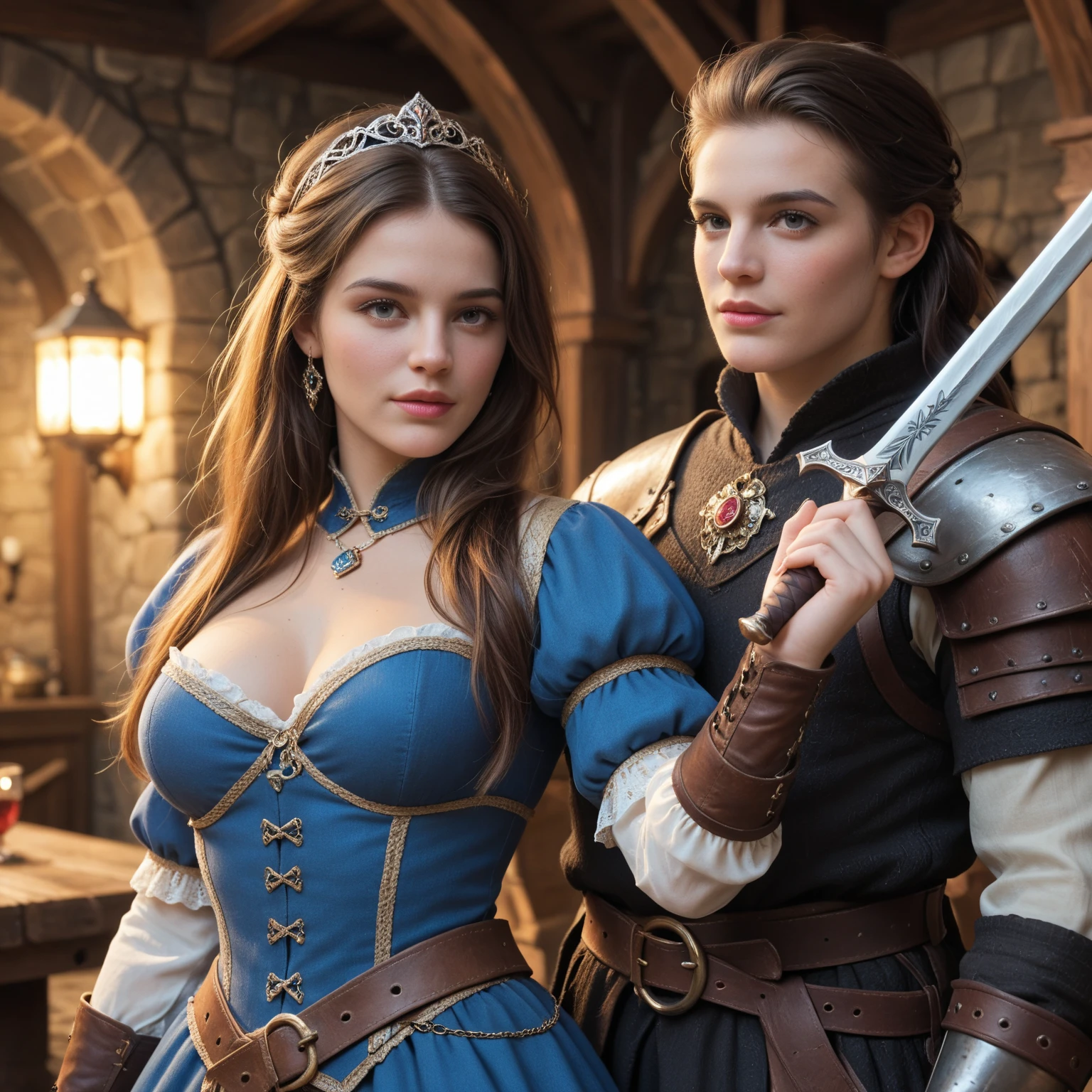 beautiful portrait of stunningly beautiful Italian girl as a medieval courtesan, corset, low-cut neckline, cleavage, large brests, jewelry, sharp focus on the eyes, fantasy concept art, , sultry look, seductive, inviting expression, detailed medieval bedroom in background, seductive pose. she is being harassed by a rough-looking medieval knight, passion, lovemaking, groping